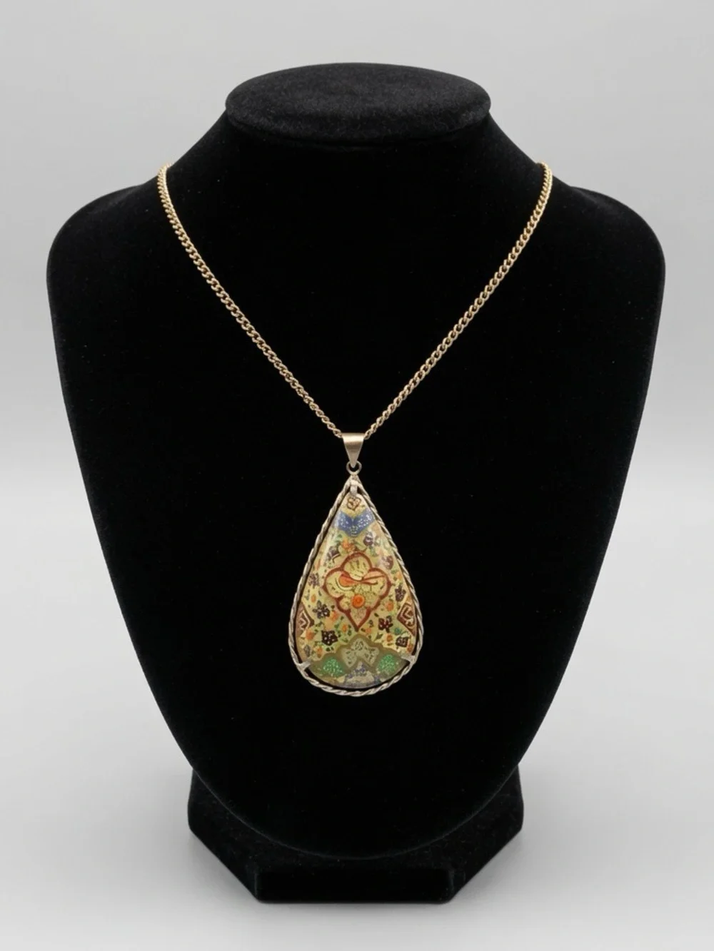 Vintage Hand-Painted Teardrop Pendant Necklace Reversible Bird Floral Horseback